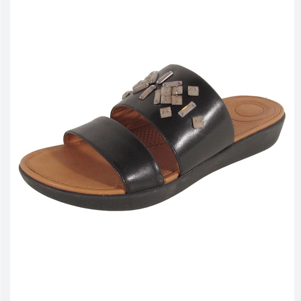 FITFLOP Delta Leather Black Embellished Double Strap Flat Slides Sz 9 - Picture 2 of 5
